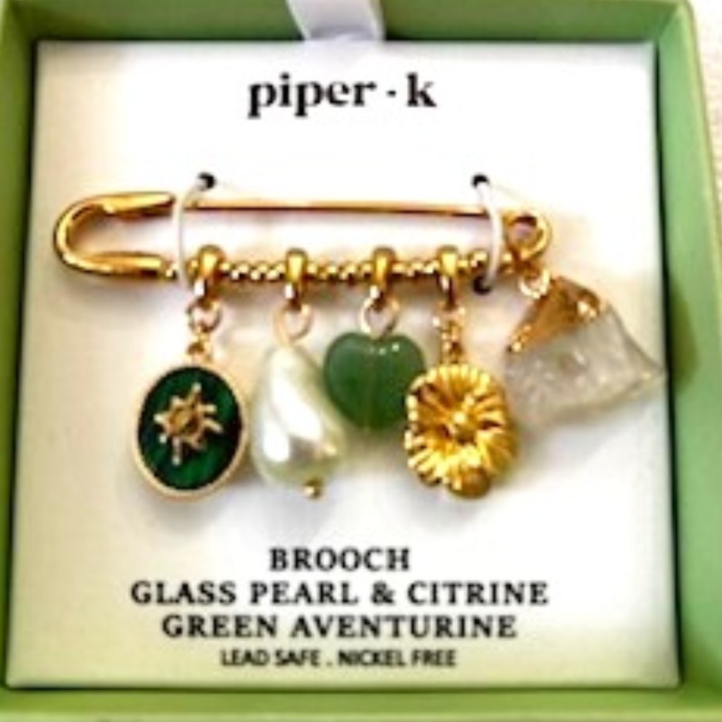 Piper K Brand Glass Pearl Citrine Green Aventurine Brooch New In Box 16$